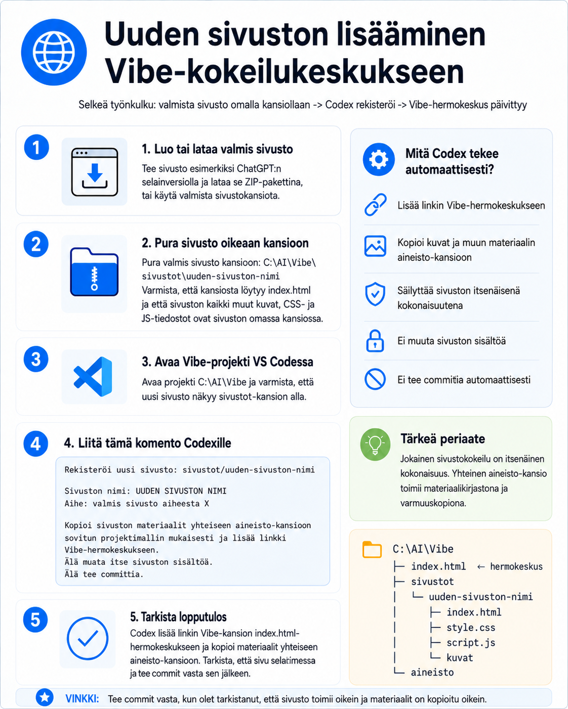 Ohjekuva uuden sivuston lisäämisestä Vibe-kokeilukeskukseen